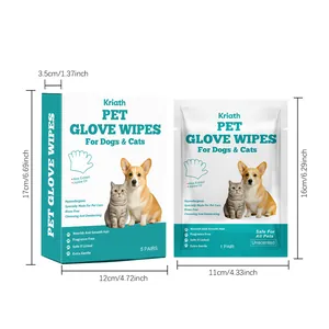 Dimensions of Kriath pet glove wipes box and single sachet packaging for pets.