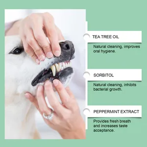 Detail view showing dog oral gel ingredients: tea tree oil and peppermint extract