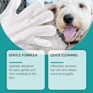 Detail showing gentle formula and quick cleaning features of the pet grooming glove.