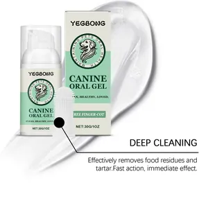Close-up of YEGBONG canine oral gel and finger toothbrush for pet deep cleaning care