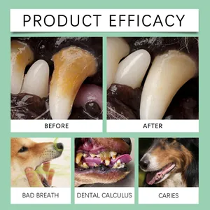 Before and after comparison of dog oral cleaning gel for tartar and bad breath removal