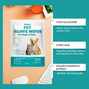Kriath pet glove wipes detail showing ingredients like coco-glucoside and citric acid