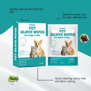Detail view of Kriath pet glove wipes showing 1-pair and 5-pair packaging options