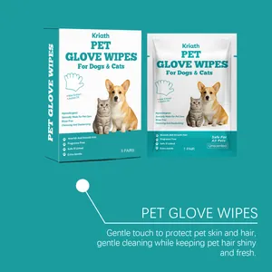 Detail view of Kriath pet glove wipes packaging for waterless cleaning and grooming.