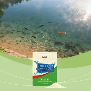 Detailed view of Kriath pond water purification powder pouch and white powder sample