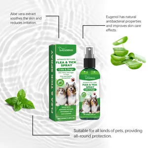 Vista dettagliata dello spray antipulci YEGBONG per animali con aloe e menta piperita.