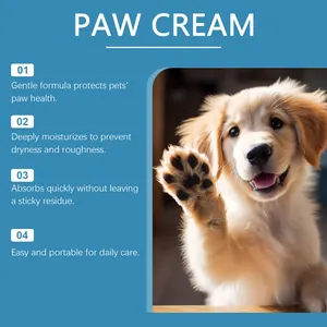 Deeply moisturizing dog paw cream benefits shown with a cute puppy waving its paw.