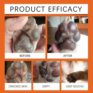 Before and after comparison of pet paw balm showing moisturizing efficacy.