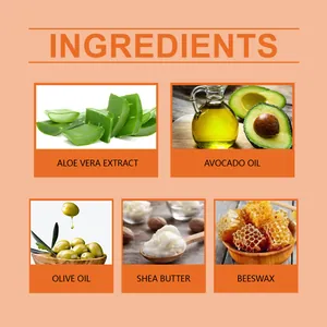 Infographie montrant des ingrédients naturels comme l'aloe vera et le beurre de karité.