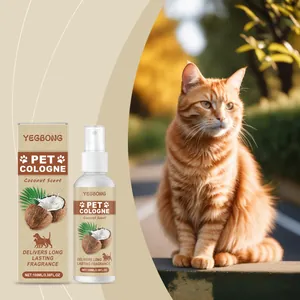 Detail view of 100ml YEGBONG coconut pet cologne spray with ginger cat background