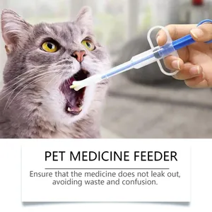 Syringe-style pet medicine feeder shown delivering a pill into a cat's mouth
