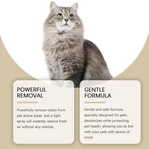 Pet odor eliminator spray detail card explaining powerful removal and gentle formula