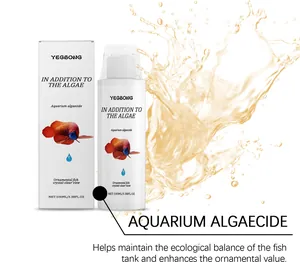 Close-up view of 100ml YEGBONG aquarium algaecide bottle and box with water splash