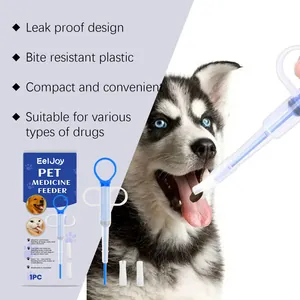 Pet medicine feeder detail showing bite-resistant design and usage on puppy
