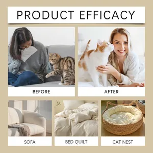 Pet deodorizing spray efficacy showing cleaner sofa, bed, and cat nest environments