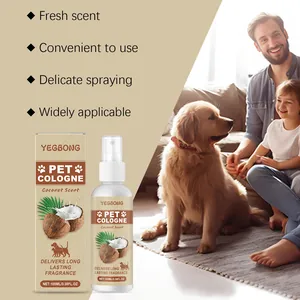 Detail view of YEGBONG coconut pet cologne spray with lifestyle home scene background