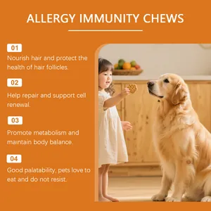 Benefits of allergy immunity chews for dogs shown with a child feeding a golden retriever