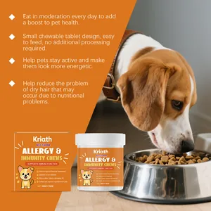 Kriath beef flavor allergy and immunity chews for pets shown with a beagle eating