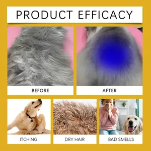 Detalle de eficacia de tinte para mascotas: resultados antes y después para pelo seco.