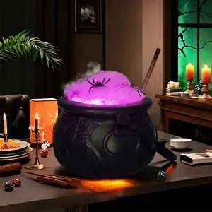 Halloween Witch Cauldron Desktop Decoration LED Glowing Purple Bubble Pot Ornament With Spiders Wand Cotton For Party Home Decor