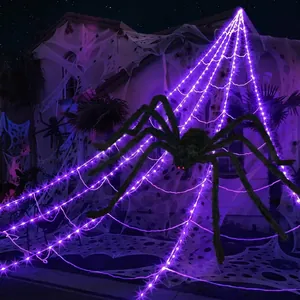 Giant purple LED spider web with black spider for outdoor Halloween yard decoration