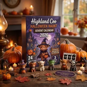 Calendario de Adviento de vaca de las Highlands para Halloween con figuras y caja de regalo
