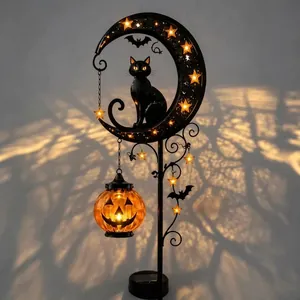 Halloween solar moon stake light with black cat and jack-o'-lantern decoration