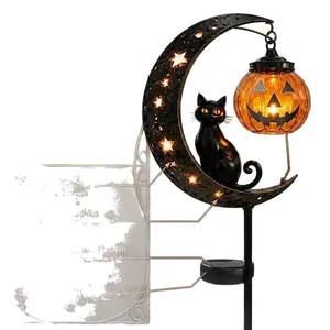 Detailed view of the Halloween solar moon stake lamp featuring a black cat and lantern