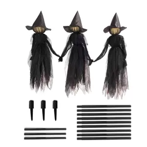 Set of 3 glowing witches holding hands Halloween yard decor with ground stakes and poles