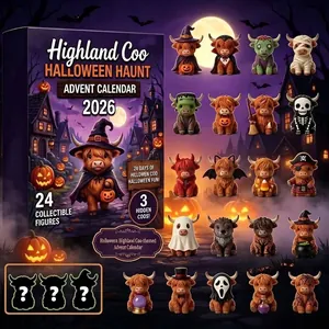 Vista detallada de las 24 figuras coleccionables de vacas Highland con disfraces de Halloween.