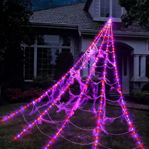 Triangular Halloween spider web with purple and red LED lights for yard decoration
