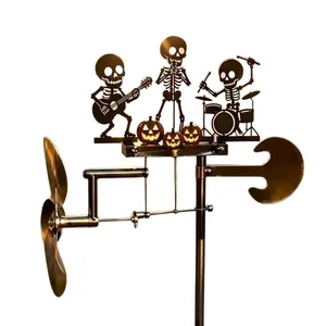 Outdoor Halloween skeleton band metal kinetic wind spinner with pumpkins decor