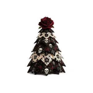 Kit d'arbre d'Halloween DIY en tissu matelassé avec motifs de crânes et rose rouge