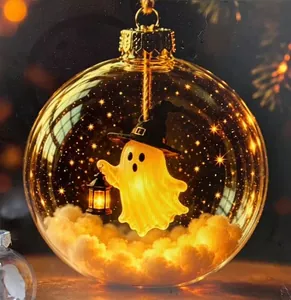 Detail view of a glowing Halloween sphere featuring a cute ghost in a witch hat and lantern