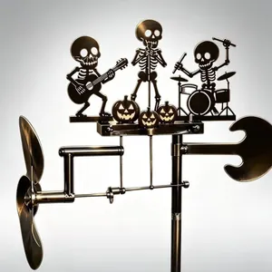 Decorative Halloween skeleton band wind spinner with a golden metallic finish for garden decor