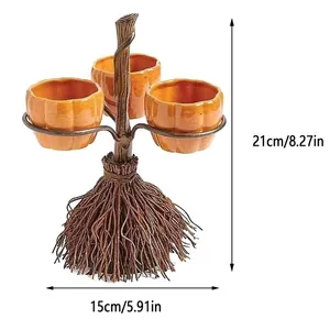 Soporte para cuencos de calabaza con escoba de Halloween, tamaño 21x15cm/8,27x5,91in