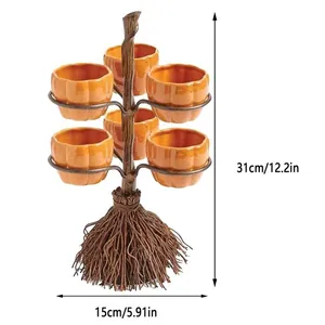 Soporte de bocadillos de escoba de Halloween con tazas de calabaza, adorno de resina de 31 cm