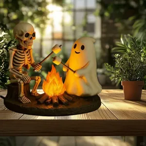 Halloween Skeleton And Ghost Bonfire Night Lamp Resin Decorative Campfire Light Warm LED Marshmallow Roasting Fireplace Decor