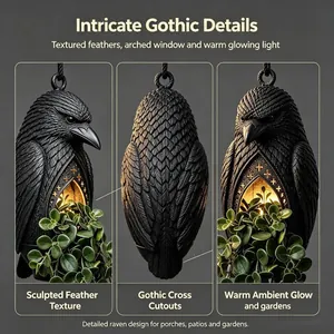 Lanterna sospesa corvo gotico per aiuole con calda luce LED per decorazione giardino.