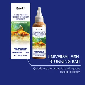 Detailed view of decapsulated brine shrimp egg fish bait packaging and dropper bottle.
