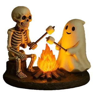Cozy skeleton and ghost bonfire night lamp with glowing fire light