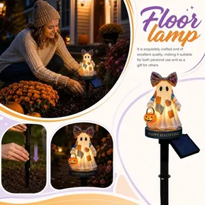 Vintage Halloween lighted ghost garden stake with solar panel and pumpkin lantern detail