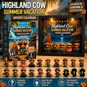 Calendario dell'Avvento 2026 Highland Cow con scatola luminosa a LED e 24 figurine.