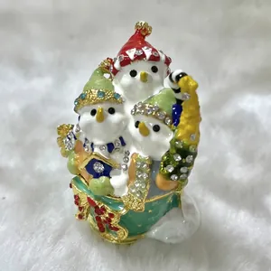 Joyero de Navidad Muñeco de Nieve Pingüino Trineo Esmalte Strass Hierro Caja de Almacenamiento Joyería Adorno de Mesa Regalo