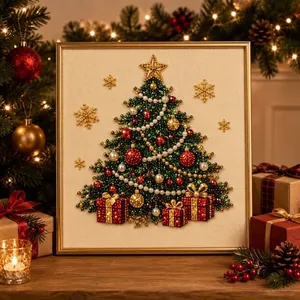 Intricate detail of DIY 3D Christmas tree diamond painting with pearls and golden beads
