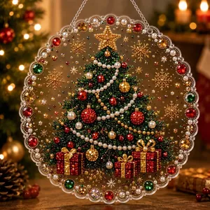 Detail of a 5D diamond painting Christmas tree hanging ornament with sparkling beads.