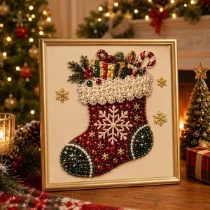 Detailed view of DIY 3D pearl diamond painting with festive Christmas stocking design