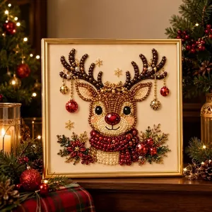 Close-up of DIY 3D pearl diamond painting featuring a festive reindeer in a frame.