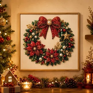 Close-up detail of 3D pearl diamond painting featuring a festive Christmas wreath design