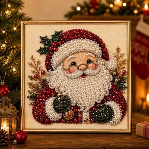 Close-up of a 3D Christmas Santa Claus pearl diamond painting set in a gold frame.
